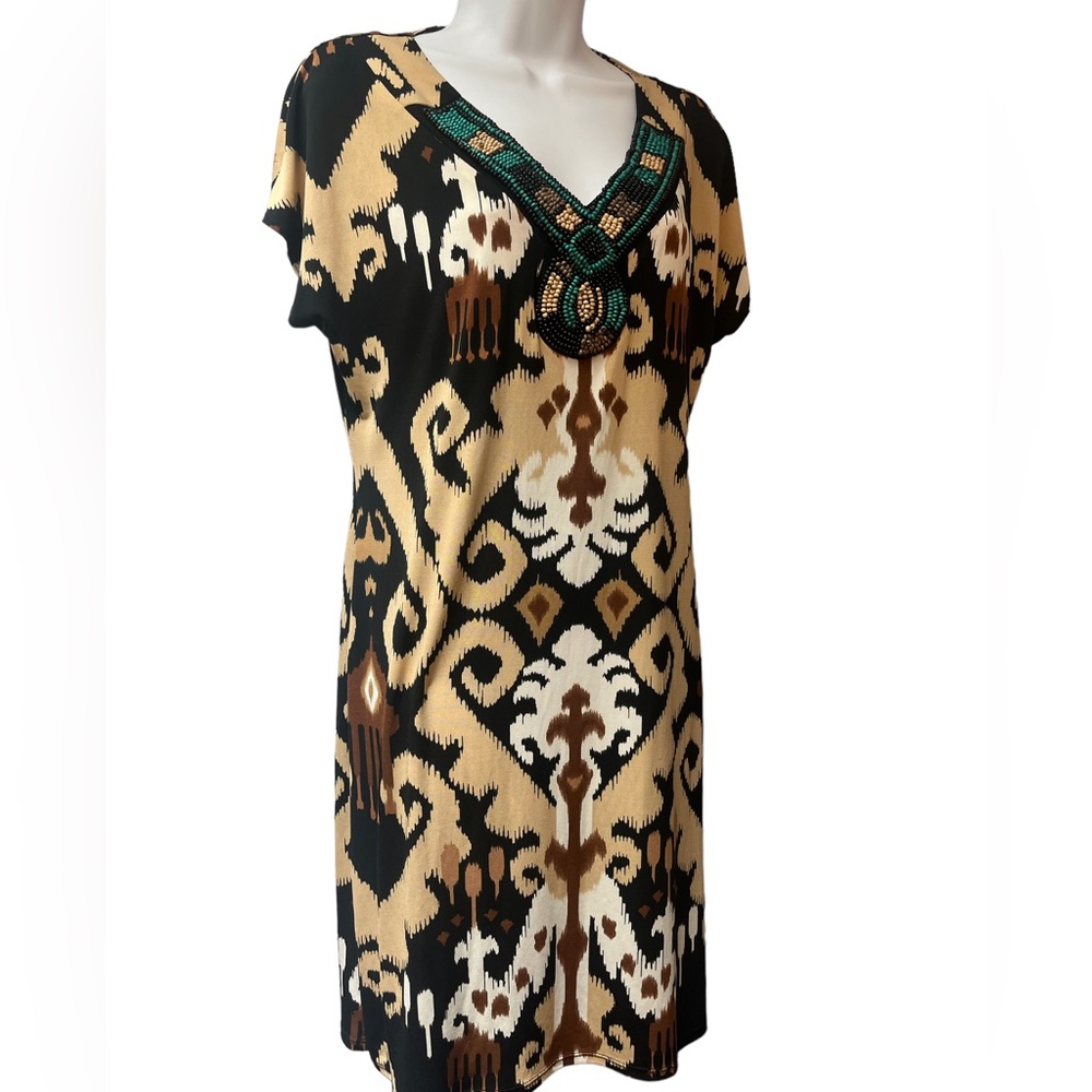 Women's Tiana B Dress Brown Tan Tribal Print Short Sleeve
Size: M